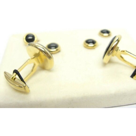 Gold Tone Black Cufflinks Shirt Buttons Set Formal Wedding Tux Vintage - Picture 4 of 11